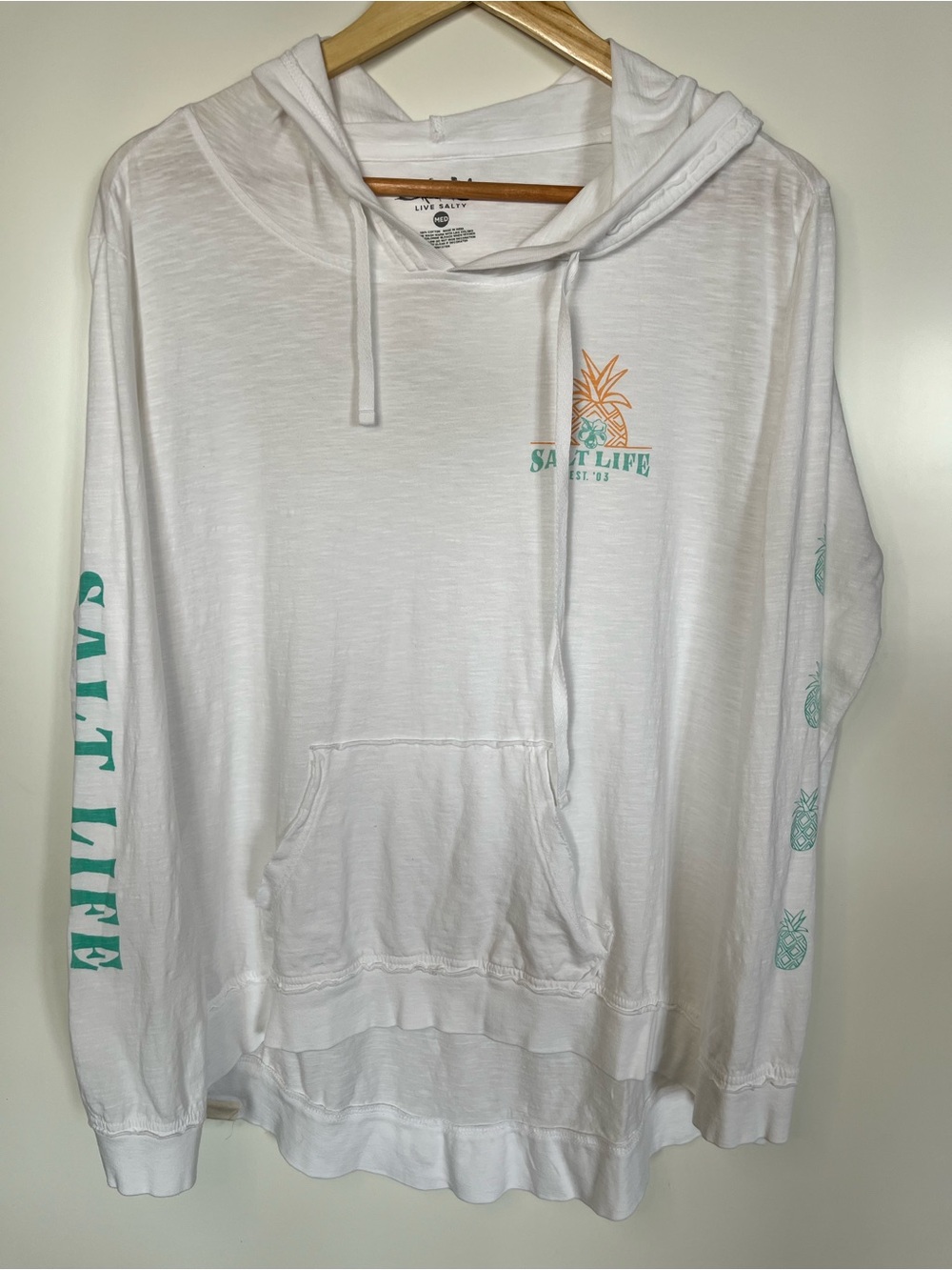 Live Salty White Lightweight Cotton Hoodie Pineapple Graphic Size Medium